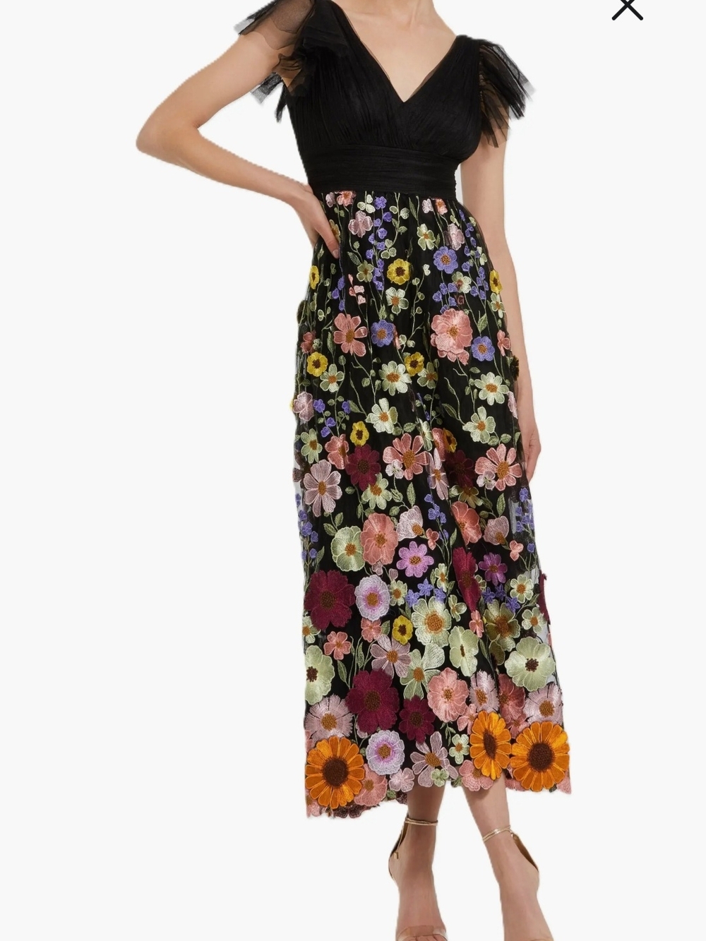 Mac Duggal Embroidered Ruched Flutter Sleeve A Line Dress